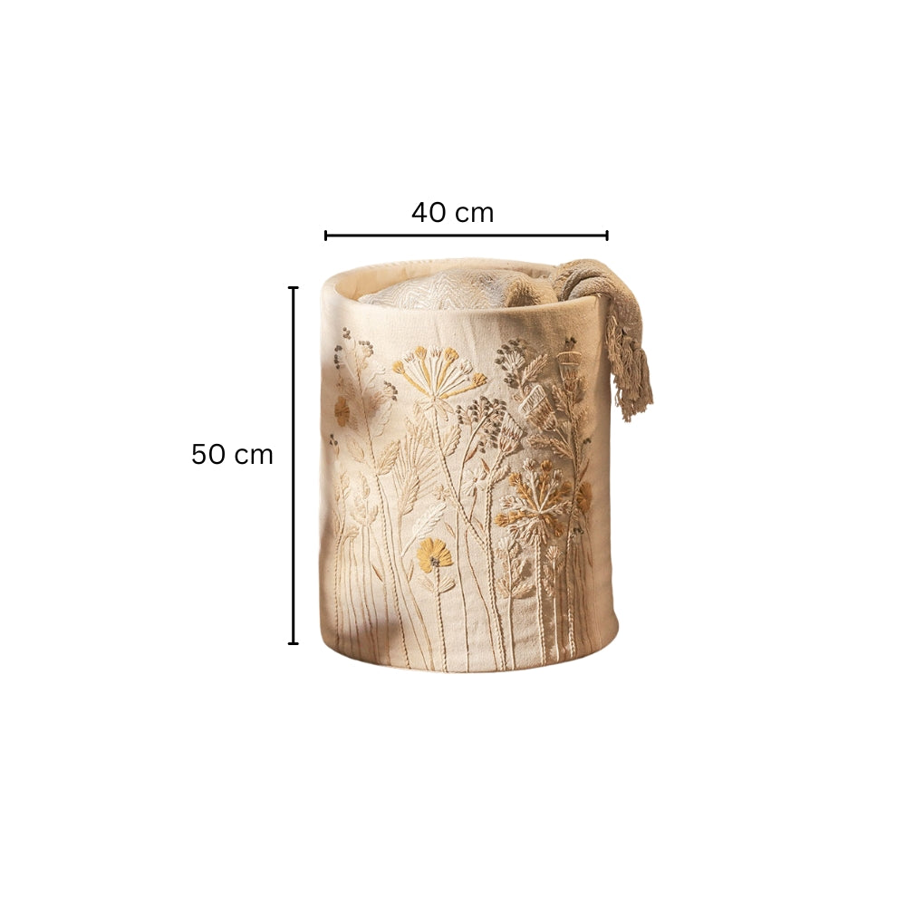 Autumn Flora Embroidered Storage Basket - Mustard Beige
