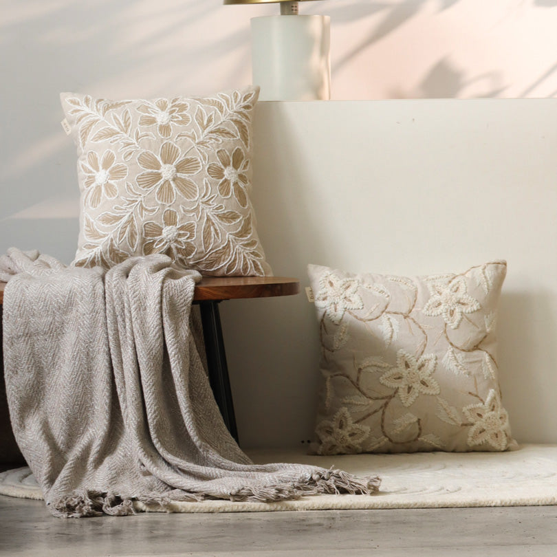 Azalea Embroidered Cushion Cover 45x45cm - Brown Beige