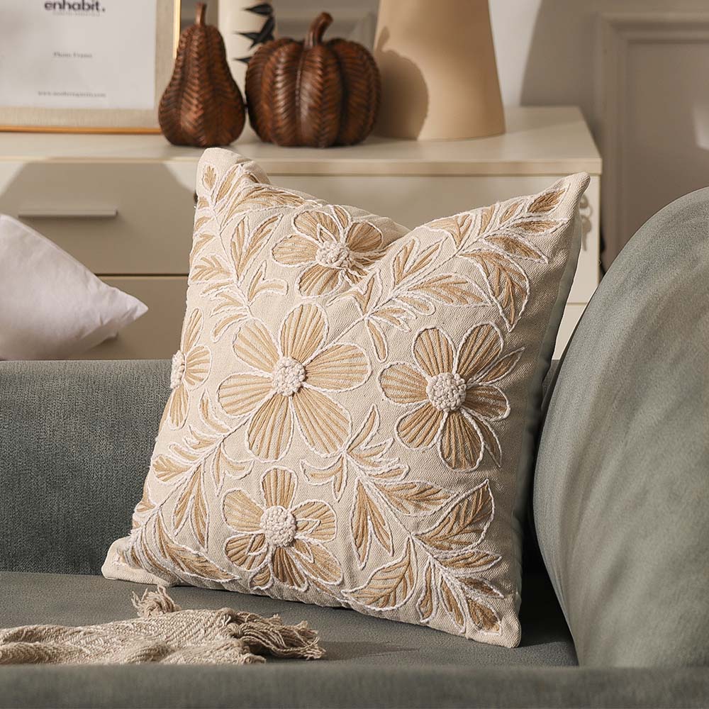 Azalea Embroidered Cushion Cover 45x45cm - Brown Beige