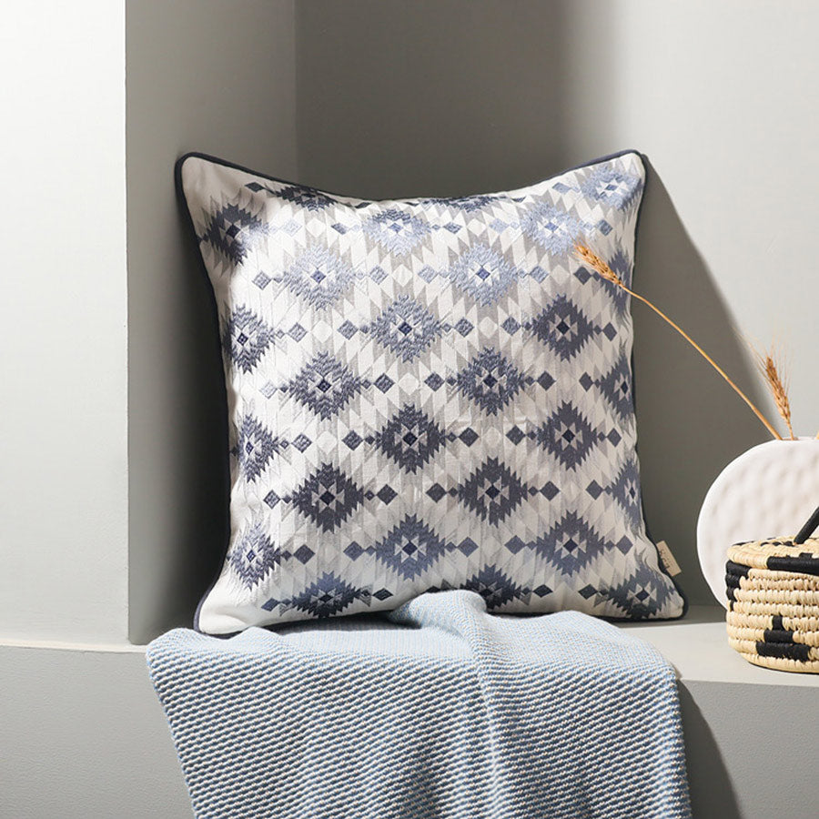 Aztec Embroidered Cotton Cushion Cover 45x45cm - Light Grey