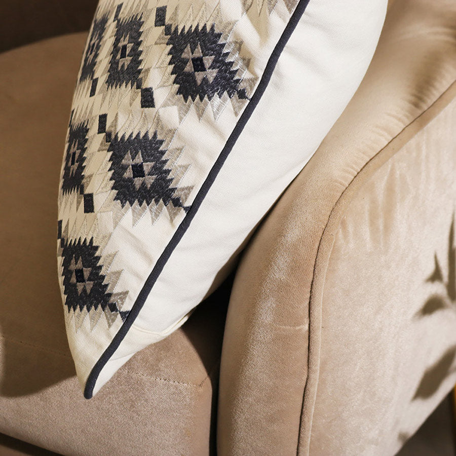 Aztec Embroidered Cotton Cushion Cover 45x45cm - Light Grey