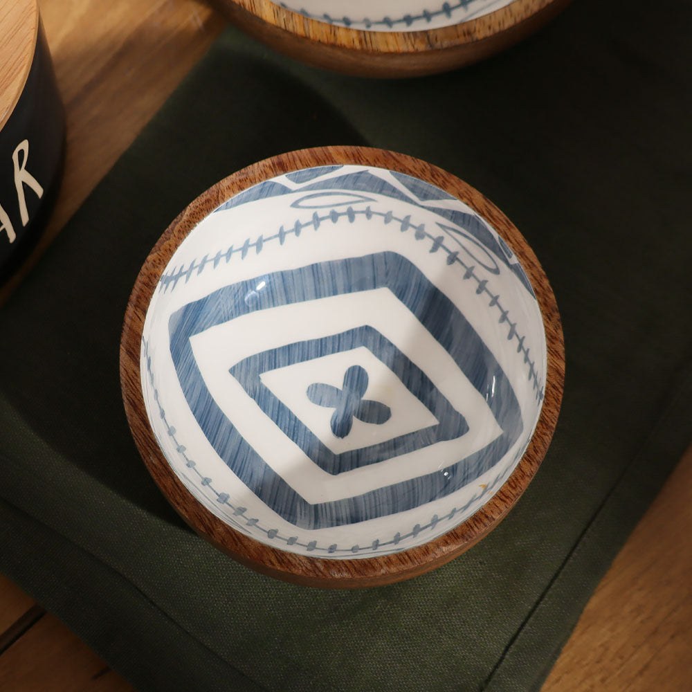 Aztec Wooden Serving Bowl Medium - Blue White