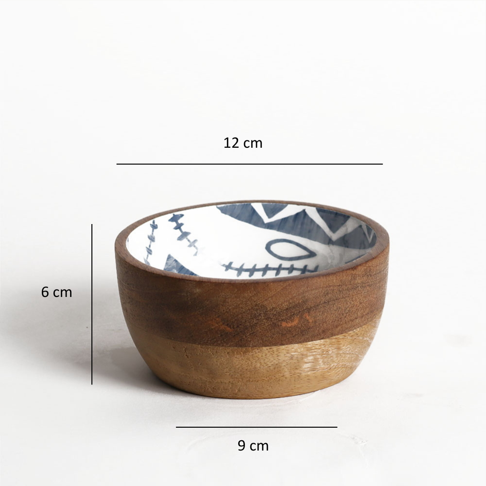 Aztec Wooden Serving Bowl Small - Blue White