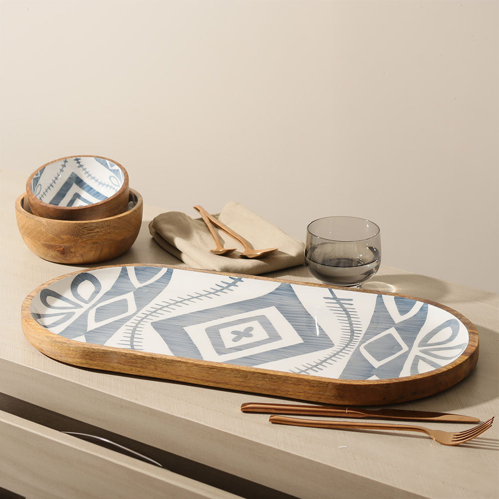 Aztec Wooden Serving Tray Large - Blue White