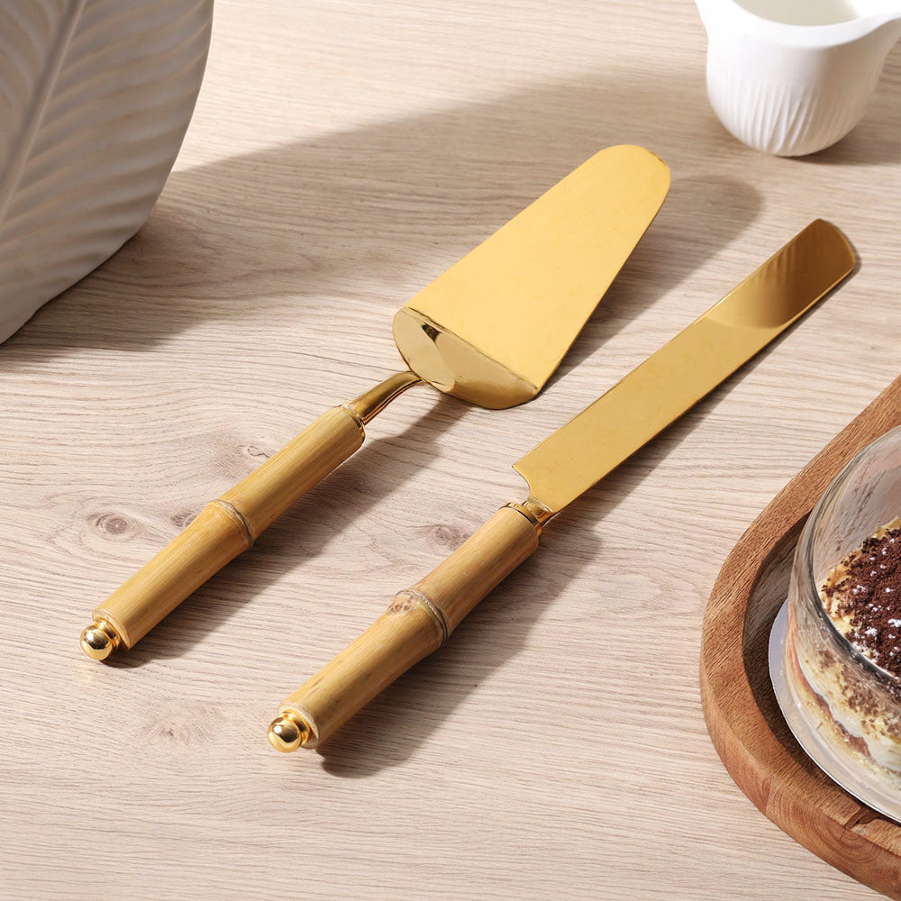 Bamboo Cake Knife and Server Set - Natural Gold
