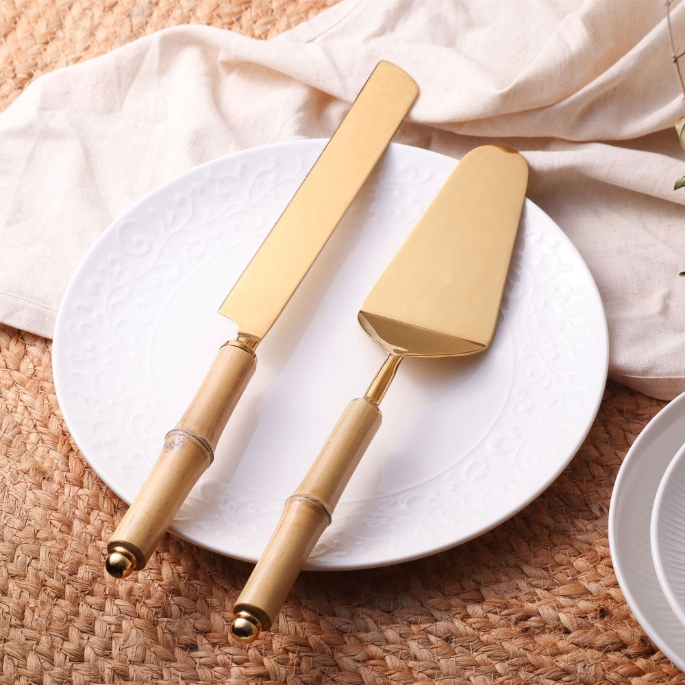 Bamboo Cake Knife and Server Set - Natural Gold
