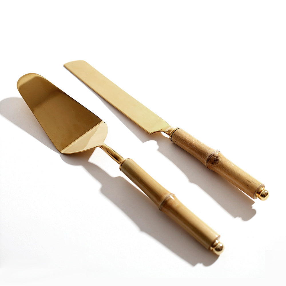 Bamboo Cake Knife and Server Set - Natural Gold