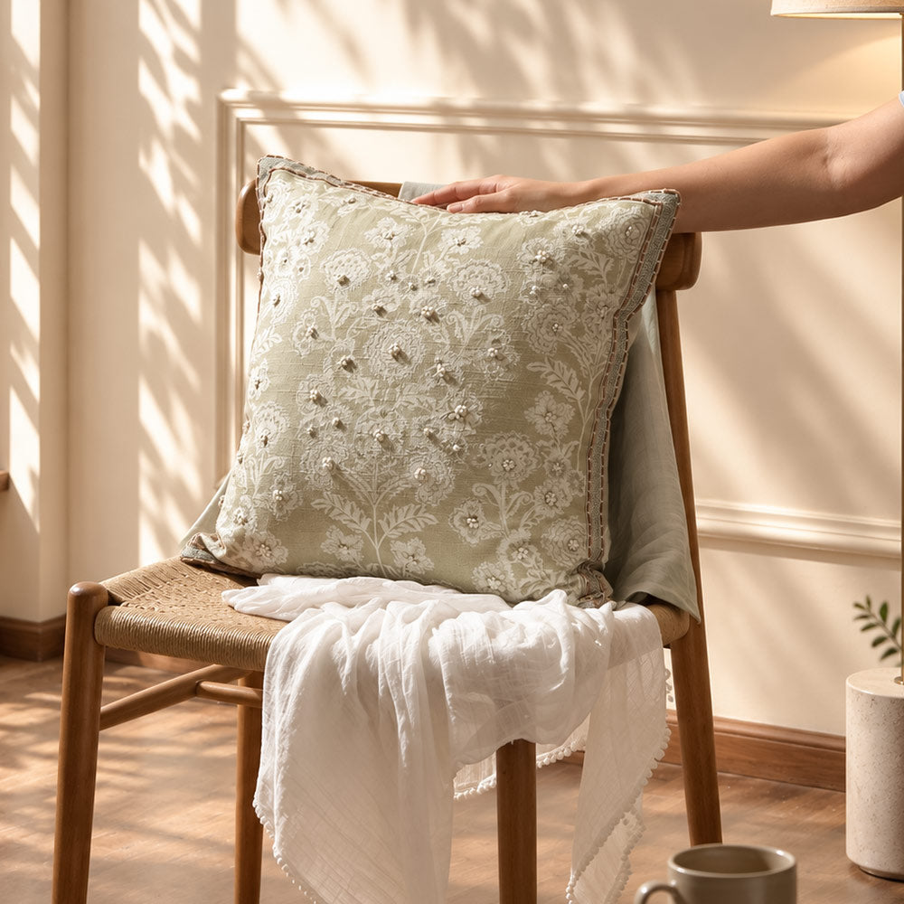 Baroque Embroidered Cushion Cover 45x45cm - Sage Cream