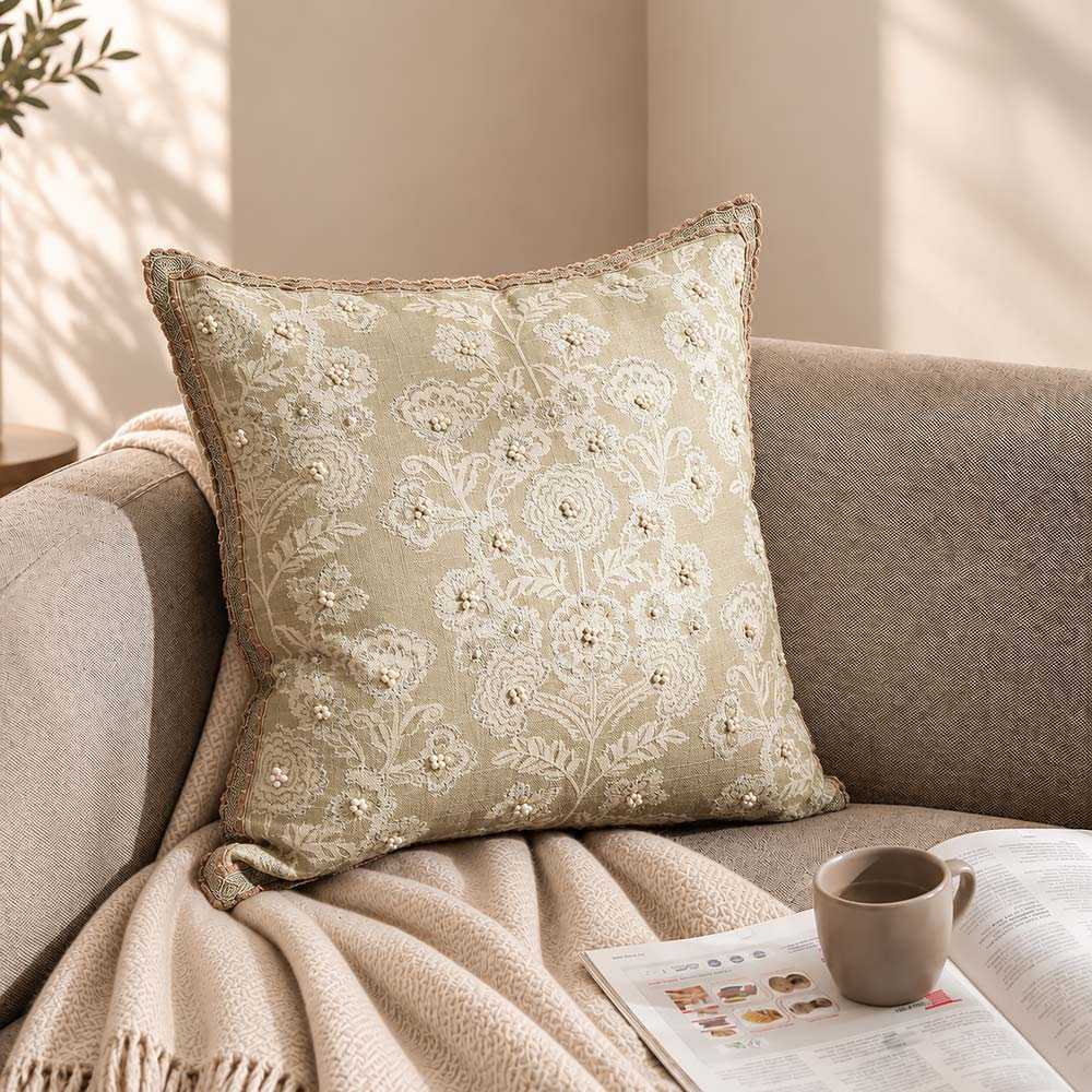 Baroque Embroidered Cushion Cover 45x45cm - Sage Cream