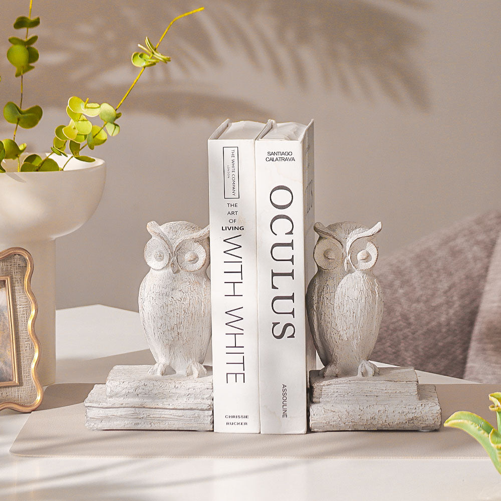 Barred Owl Bookends, Set of 2 - Vintage White