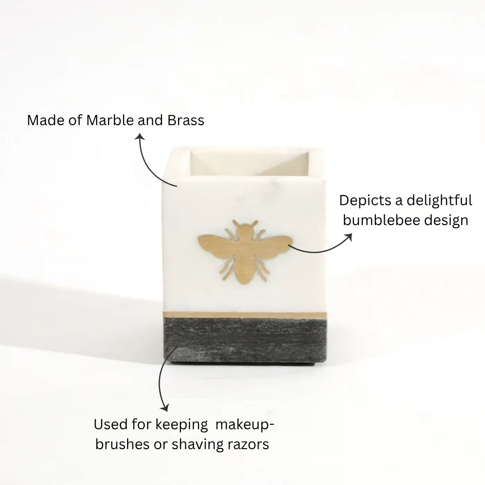 Bee Gold Inlay Marble Toothbrush Tumbler - Monochrome
