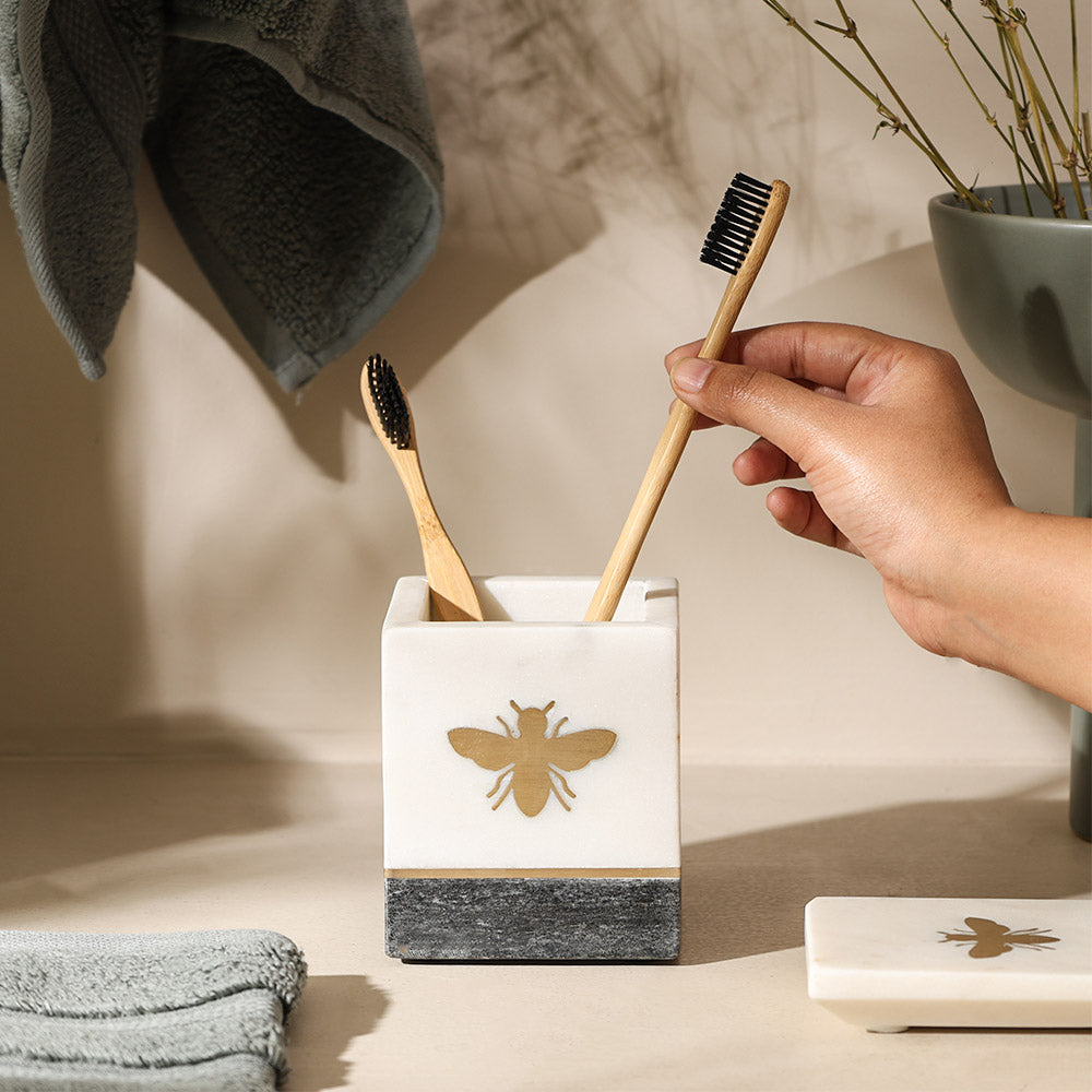 Bee Gold Inlay Marble Toothbrush Tumbler - Monochrome