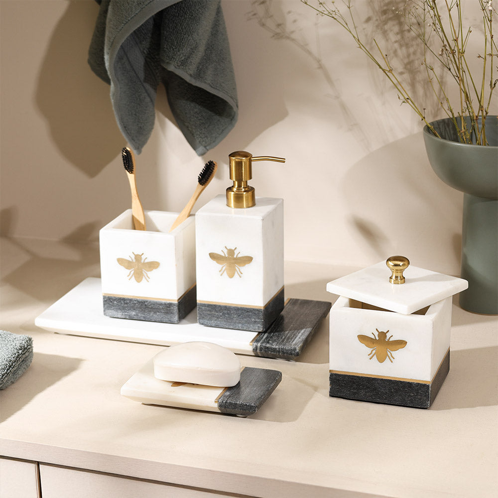 Bee Gold Inlay Marble Toothbrush Tumbler - Monochrome