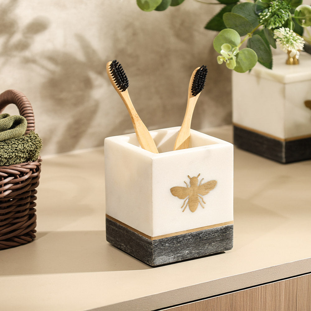 Bee Gold Inlay Marble Toothbrush Tumbler - Monochrome