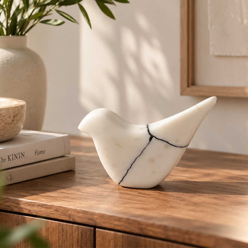 Birdie Marble Sculpture - Flecked White