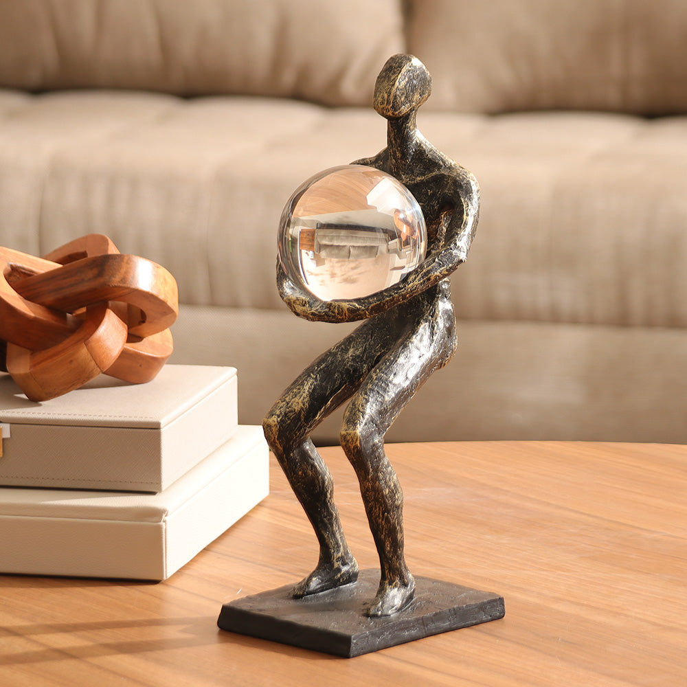Weightlifter Sculpture with Crystal Ball Large - Charcoal Gold