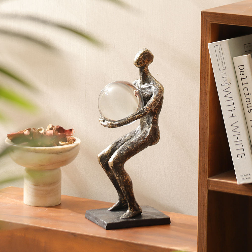 Weightlifter Sculpture with Crystal Ball Large - Charcoal Gold