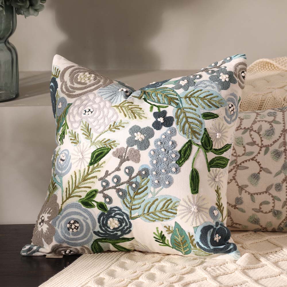 Bouquet Printed & Embroidered Cotton Cushion Cover 45x45cm - Blue White