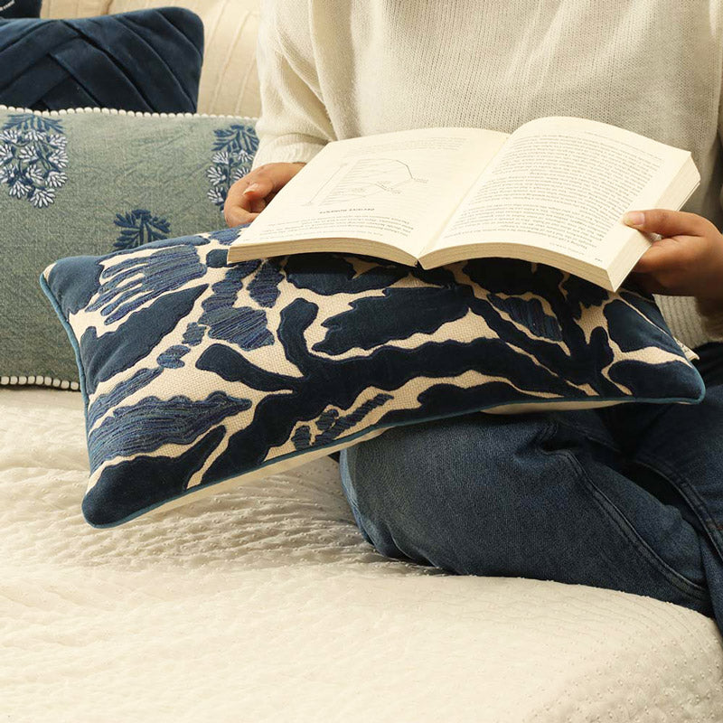 Bower Appliqued Cotton Rectangular Cushion Cover 50x30cm - Ivory Blue
