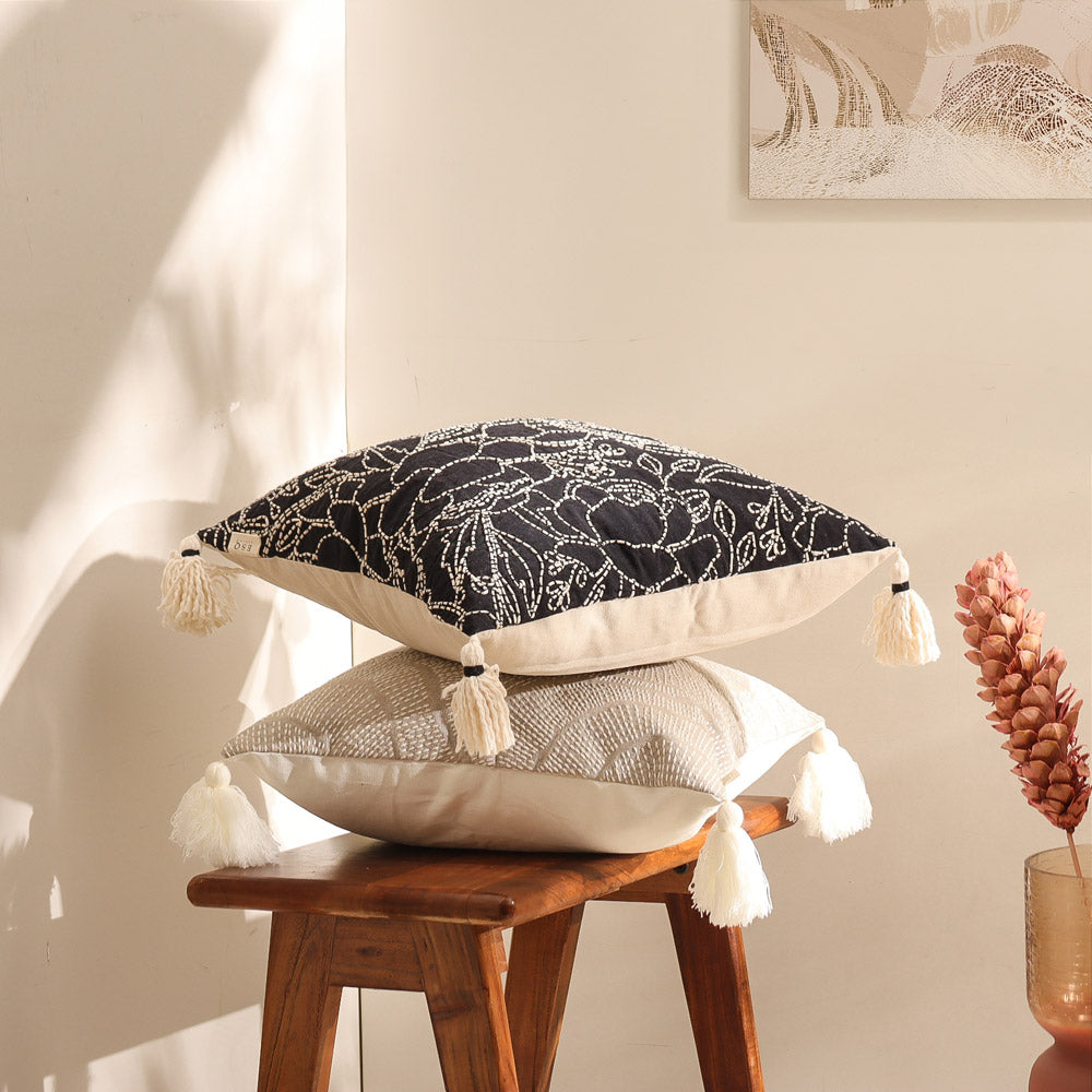 Briar Embroidered Cotton Cushion Cover 45x45cm - Black Ivory
