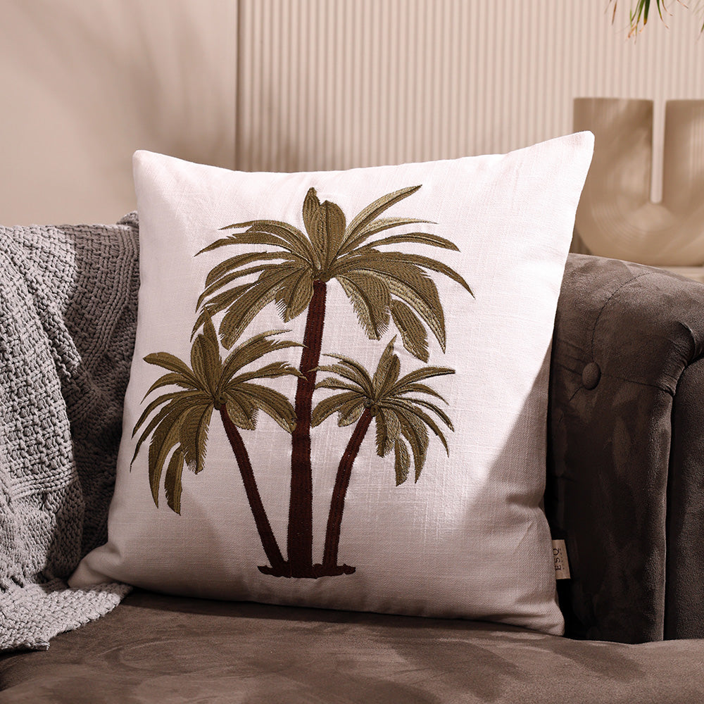 Palm Island Embroidered Cushion Cover 45x45cm - Green Brown