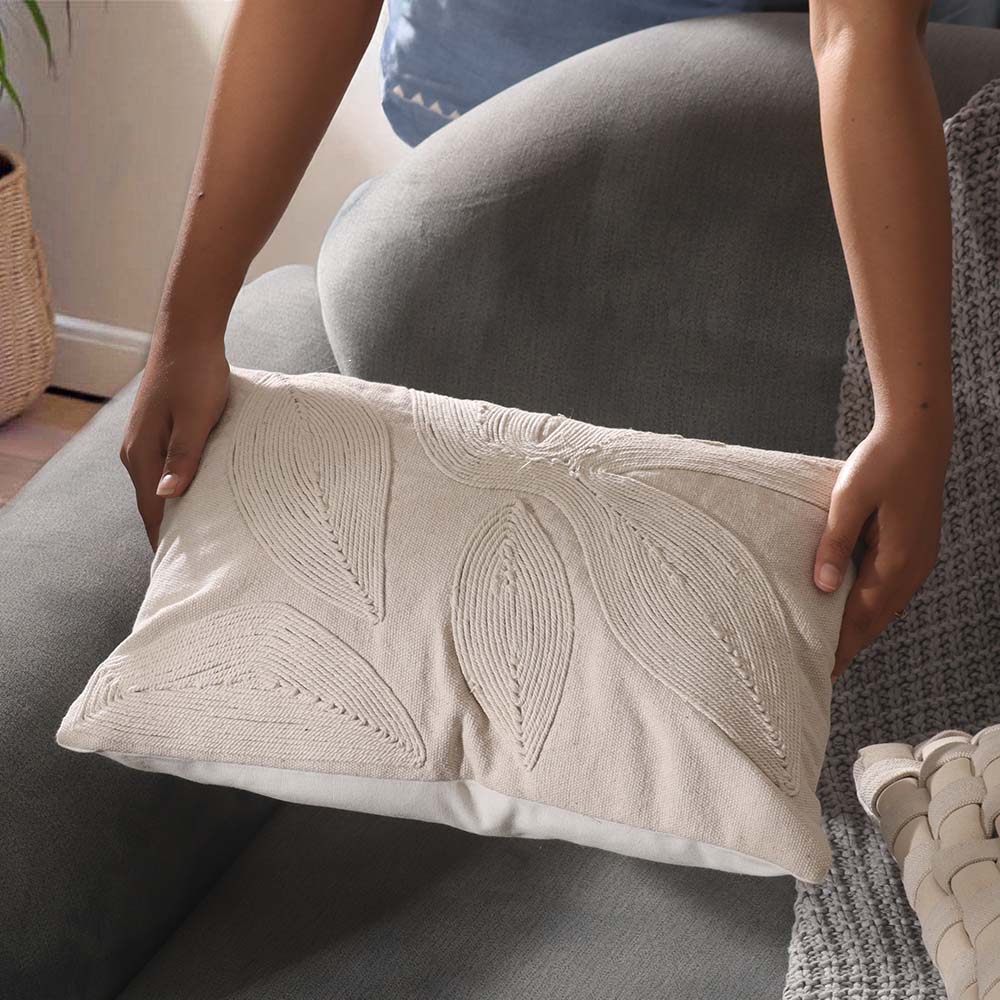 Calathea Embroidered Rectangular Cotton Cushion Cover 30x50cm - Cream