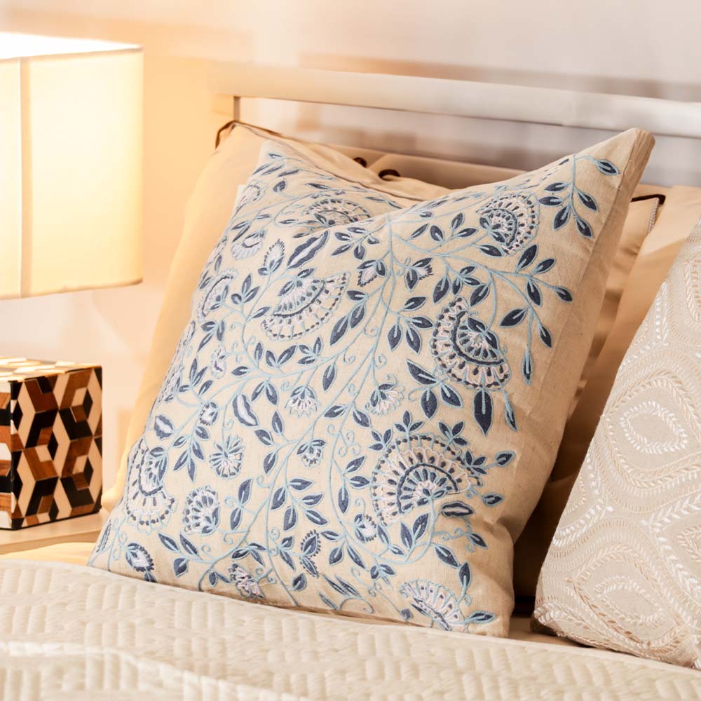 Calico Embroidered Cushion Cover 45x45cm - Blue Grey