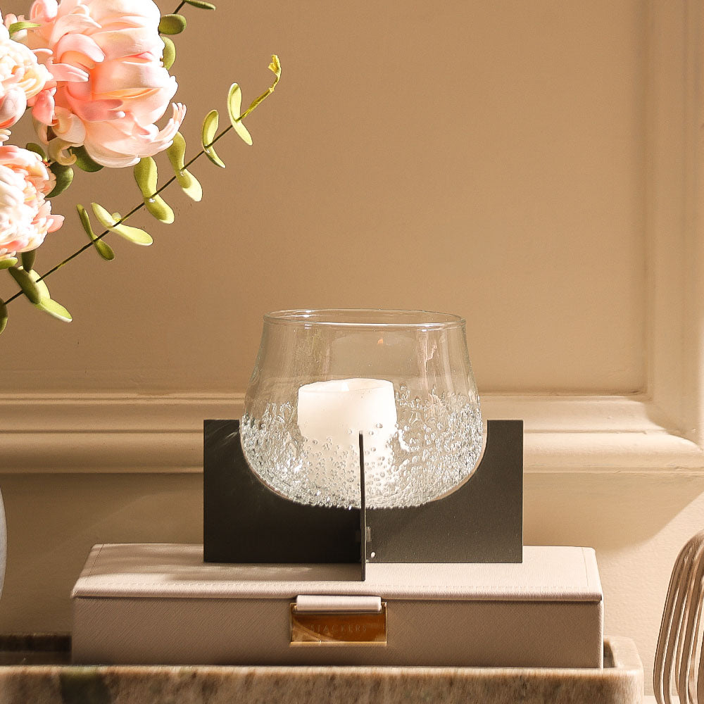 Carbo Glass Hurricane with Iron Stand - Clear Gunmetal