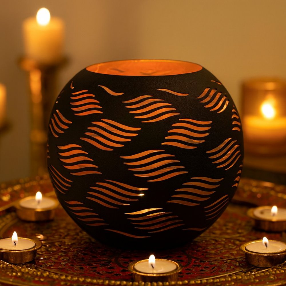 Carved Candle Holder Large - Black Gold