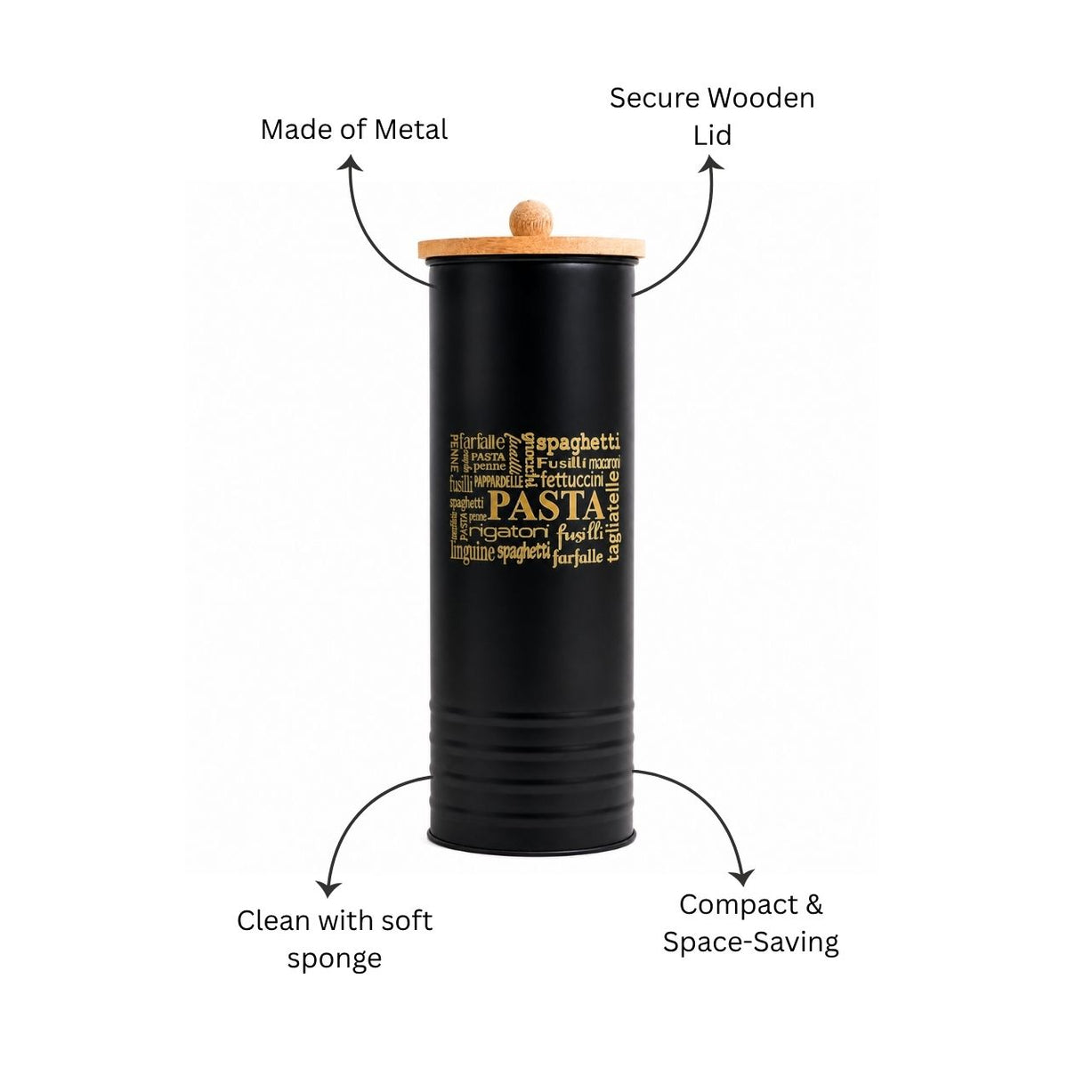 Casa Metal Pasta Storage Jar - Black