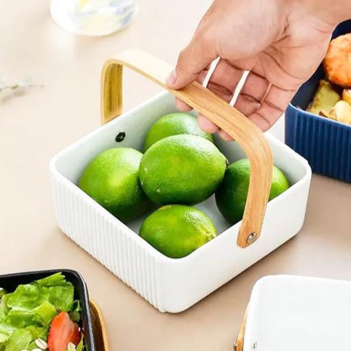 Ceramic Serving Basket With Handle Medium - White