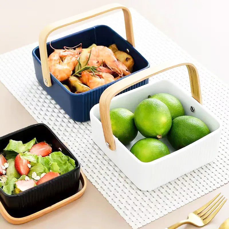 Ceramic Serving Basket With Handle Medium - White
