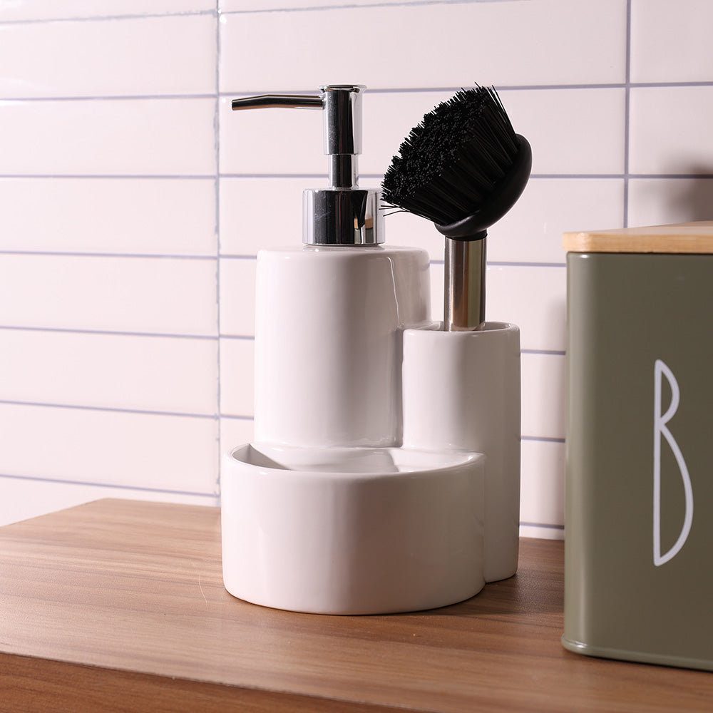 Ceramic Sink Organiser with Scrub Brush - White