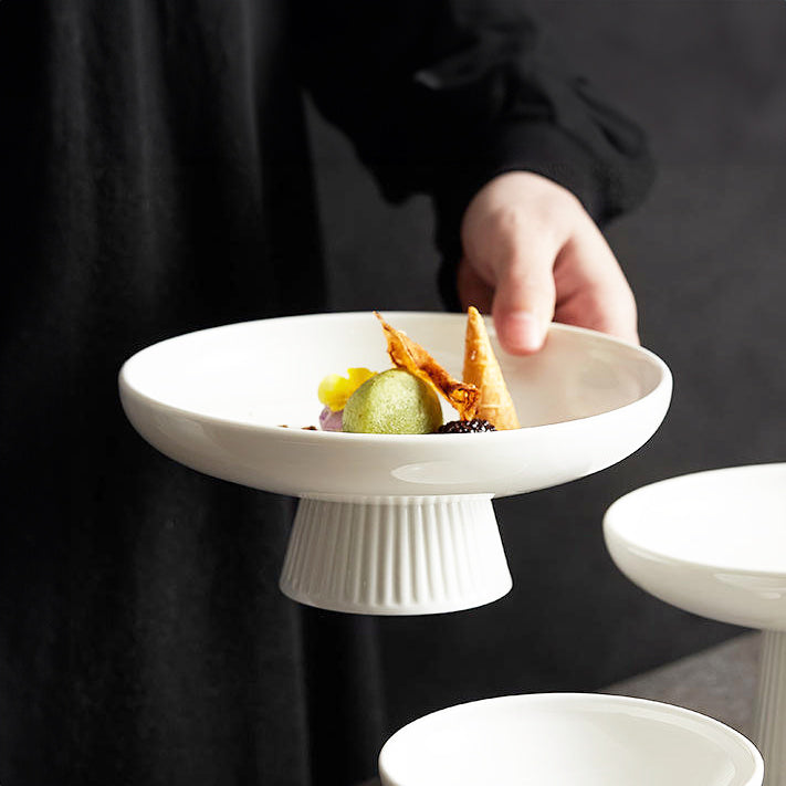 Ceramic Ribbed Elevated Plate Small - White