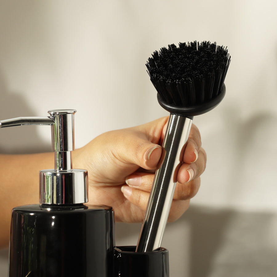 Ceramic Sink Organiser with Scrub Brush - Black