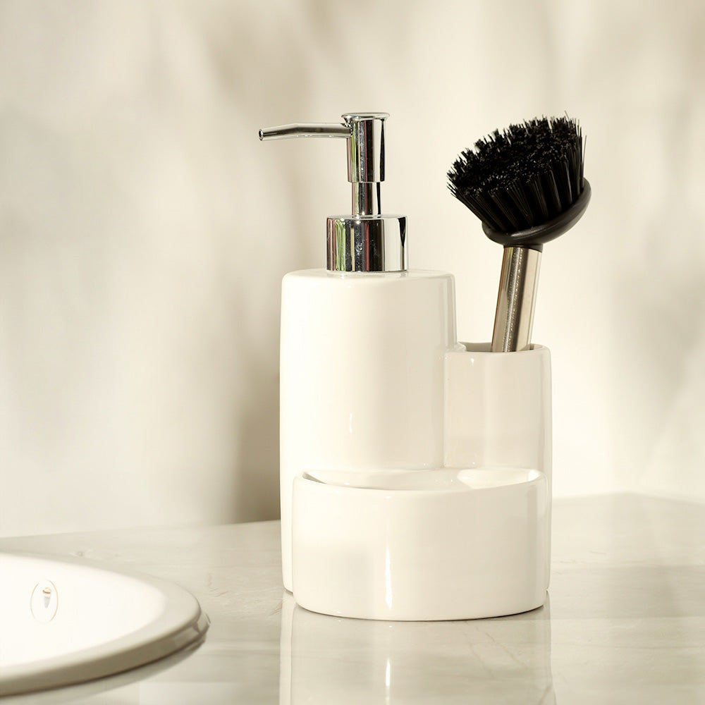 Ceramic Sink Organiser with Scrub Brush - White
