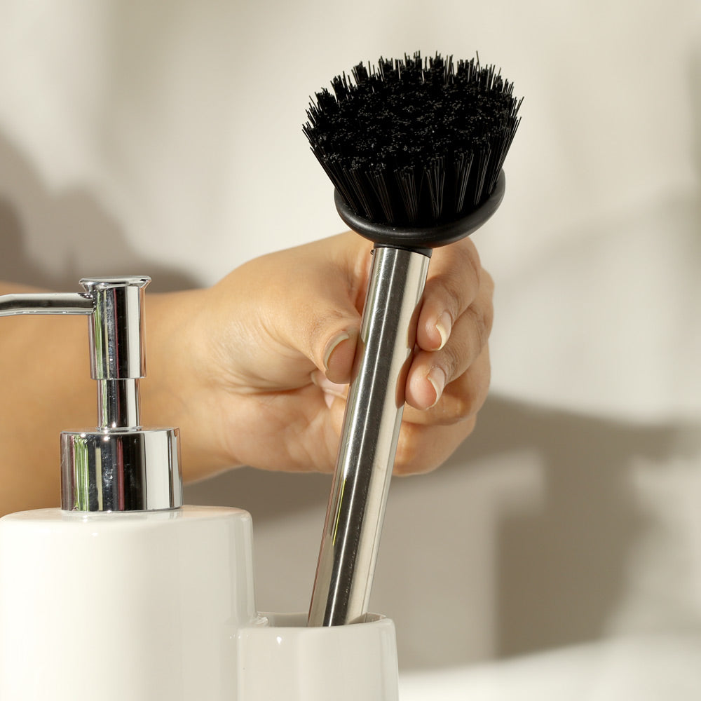 Ceramic Sink Organiser with Scrub Brush - White