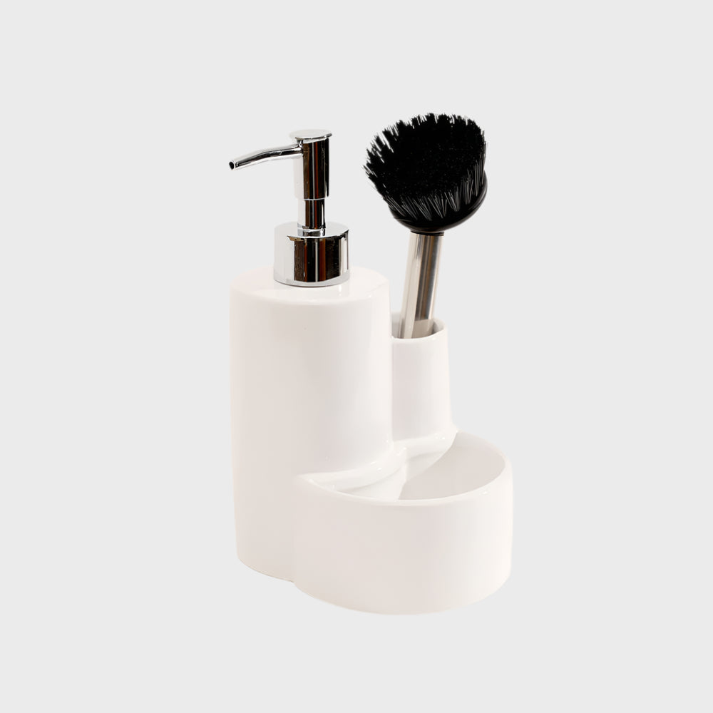 Ceramic Sink Organiser with Scrub Brush - White