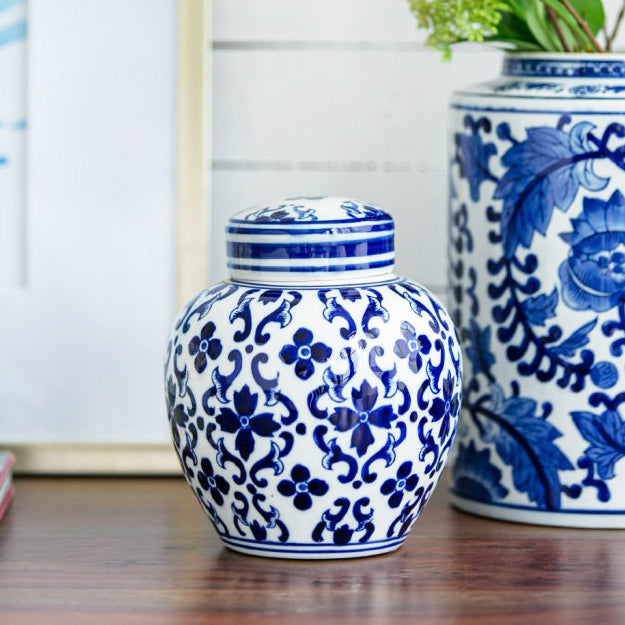 Chantilly Ginger Jar With Lid Short - Blue Mosaic