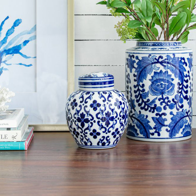 Chantilly Ginger Jar With Lid Short - Blue Mosaic
