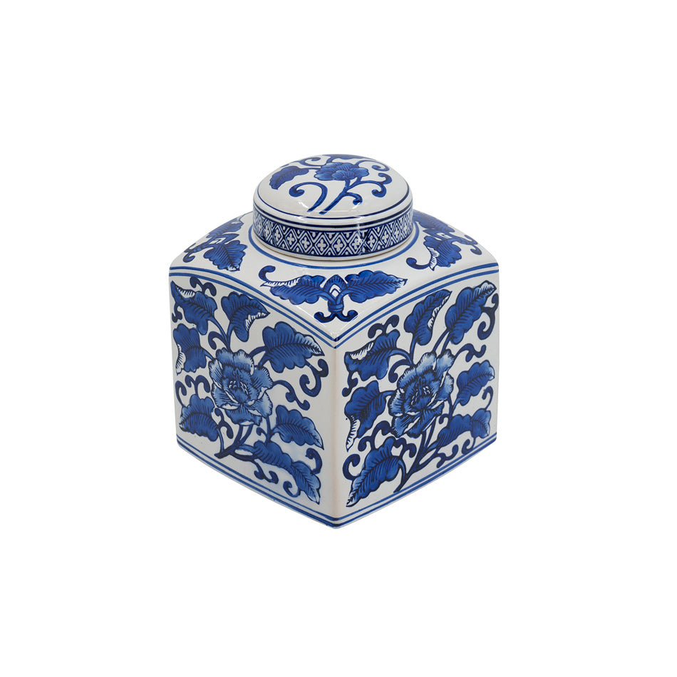 Chantilly Tea Jar With Lid Square - Blue Flowers