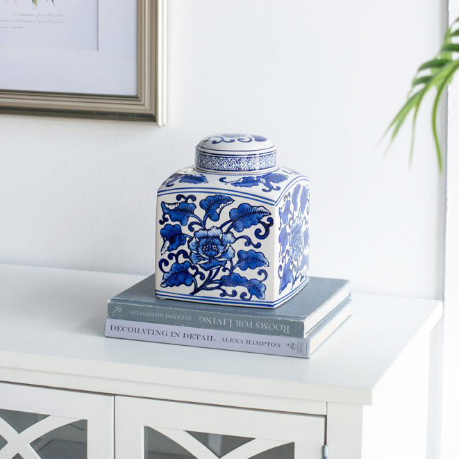 Chantilly Tea Jar With Lid Square - Blue Flowers