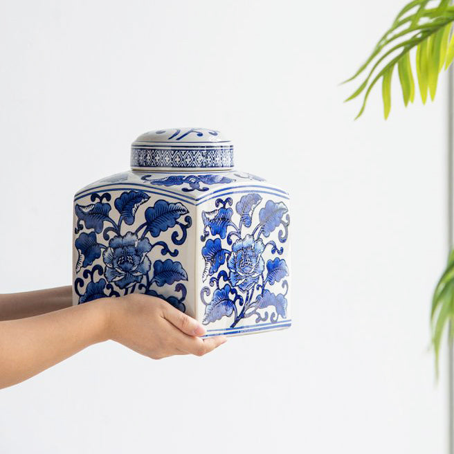 Chantilly Tea Jar With Lid Square - Blue Flowers
