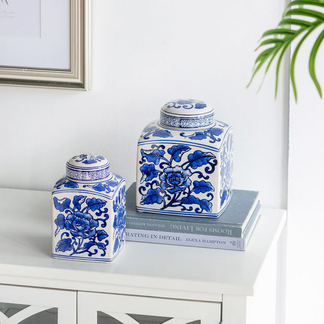 Chantilly Tea Jar With Lid Square - Blue Flowers