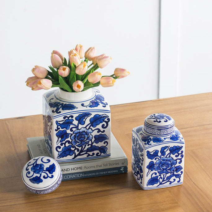 Chantilly Tea Jar With Lid Square - Blue Flowers