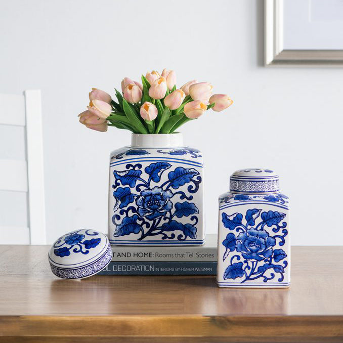 Chantilly Tea Jar With Lid Square - Blue Flowers