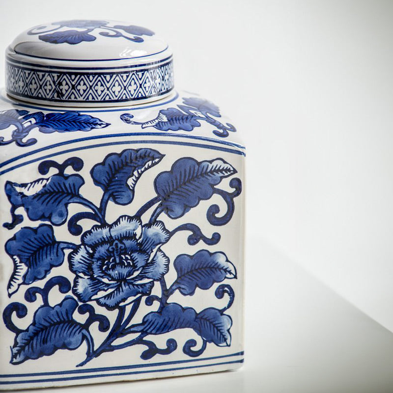 Chantilly Tea Jar With Lid Square - Blue Flowers