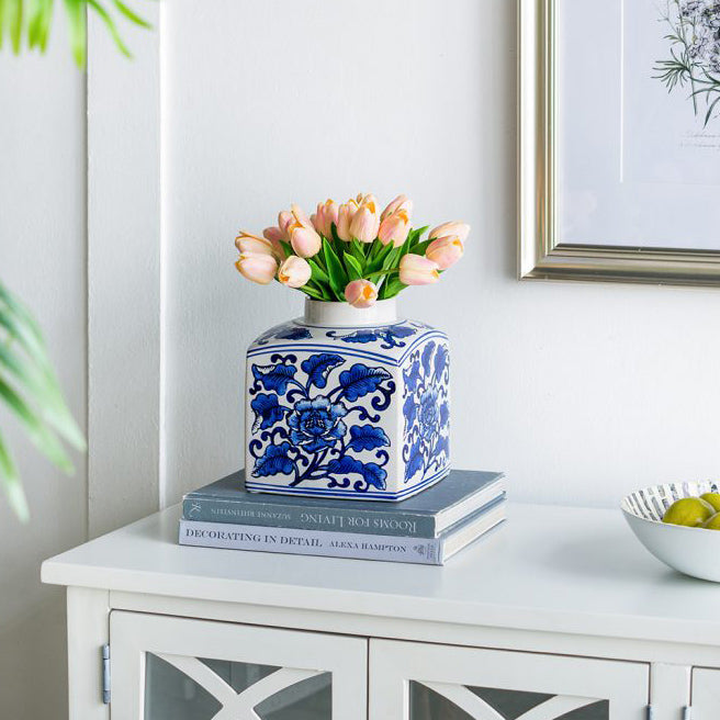 Chantilly Tea Jar With Lid Square - Blue Flowers
