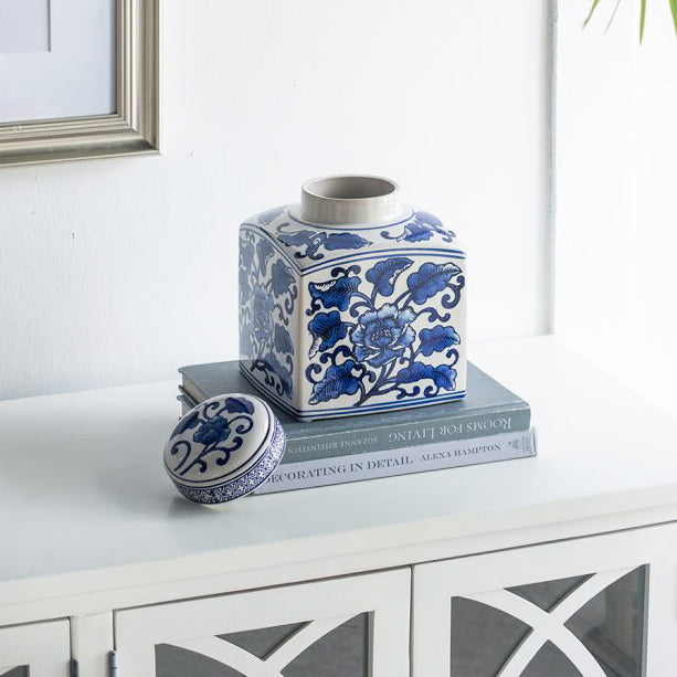 Chantilly Tea Jar With Lid Square - Blue Flowers