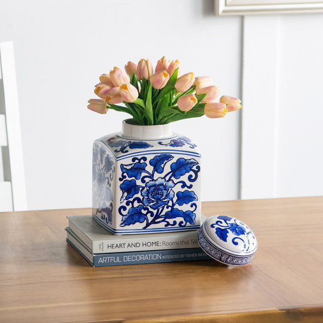 Chantilly Tea Jar With Lid Square - Blue Flowers